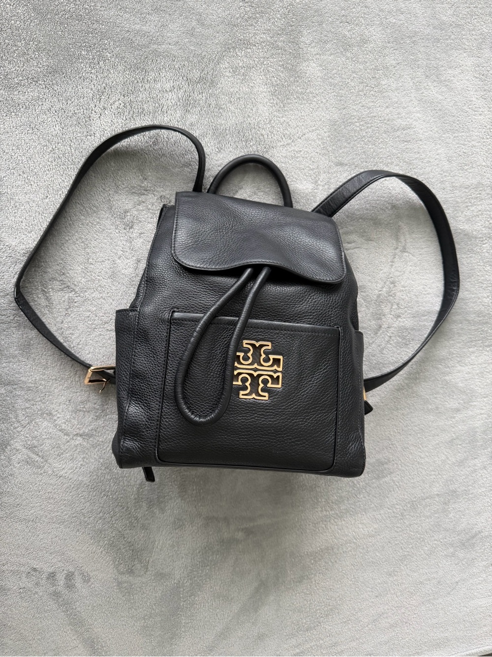 Tory Burch Black Pebbled Leather Logo Drawstring Backpack with Gold Hardware